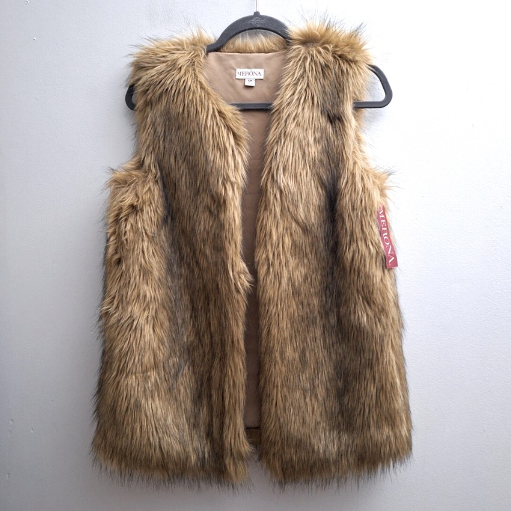 Merona Faux Fur Open Vest sz Small Light Brown Lined Layer Boho Hipster NWT